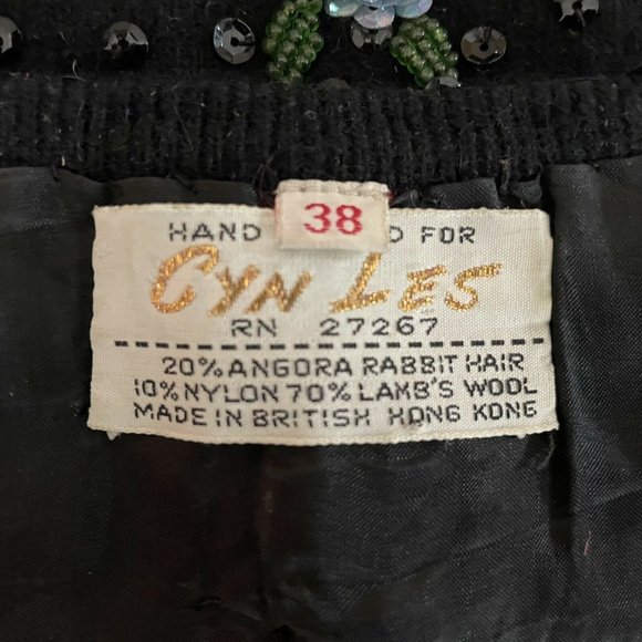 Vintage 50s Black Wool Angora Hand Beaded Sequined Rosettes Sleeveless S… - Picture 8 of 8